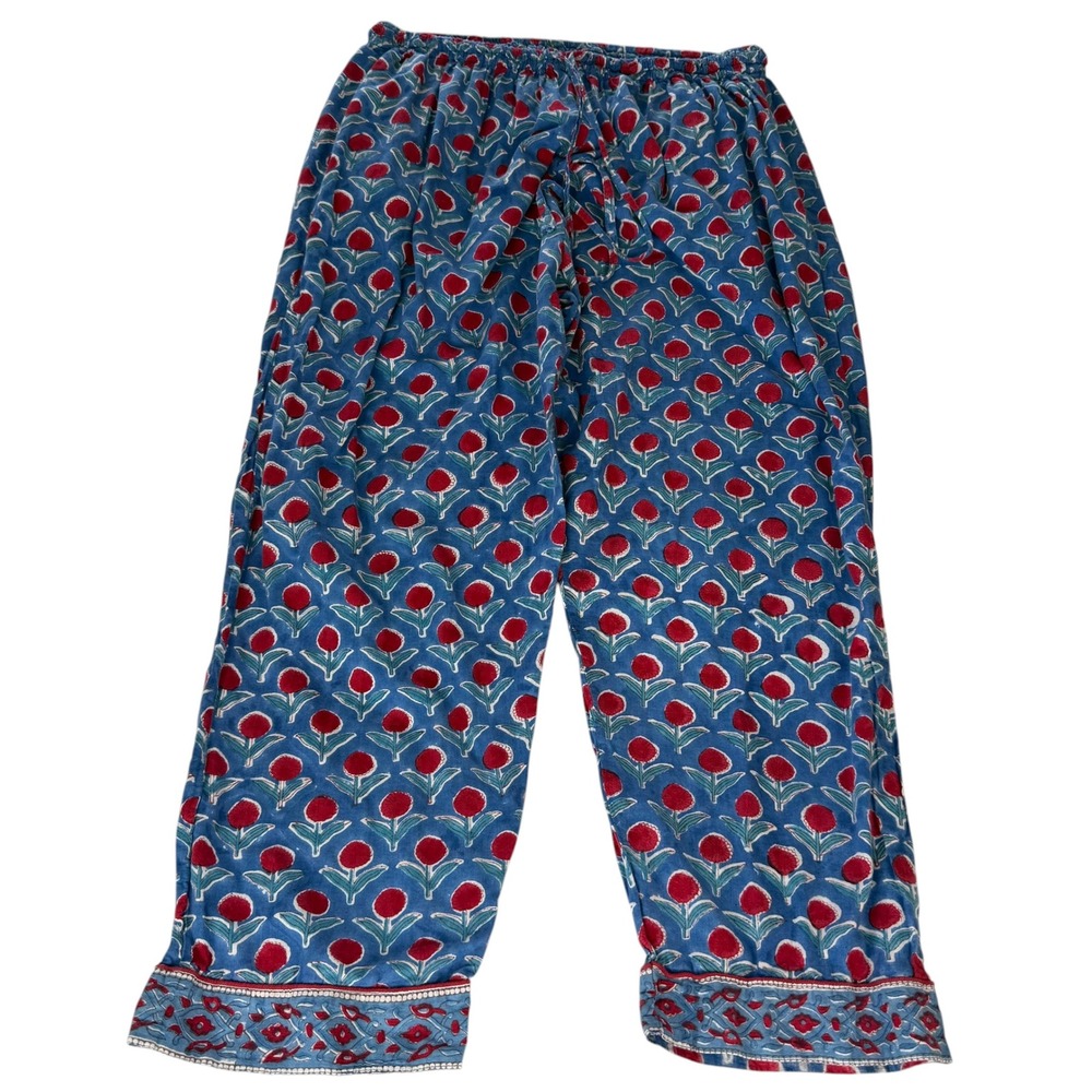 The Fox and the Mermaid Venice Block Print Wide Leg Pants Blue Red Floral XL
